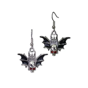 Bat Wings Skull Tombstone Dangle Earrings Silver Finish Pewter Black Enamel #513 - Picture 1 of 7