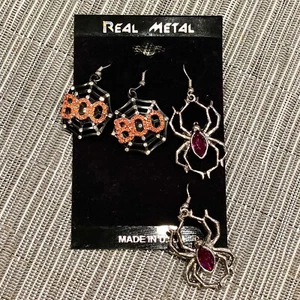 2 Pairs of Real Metal Spider With Red Stones & Spiderweb Boo Earrings Halloween - Picture 1 of 6