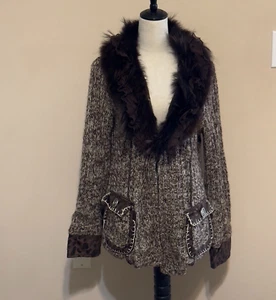 Gaby & Eden Sz L Large Delaney Sweater Raccoon Fur Brown Knit Boho Glam Cardigan - Picture 1 of 17