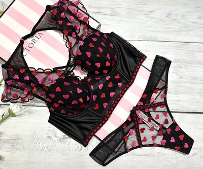 Victoria’s Secret Dream Angels Lace-Up Bustier Corset Top Bra Thong Set Heart - Image 1 of 4