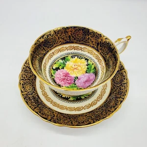 Paragon Tea Cup And Saucer Chrysanthemum Floral Cobalt Blue Gold Exc Cond - Picture 1 of 11