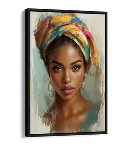 AFRICAN WOMAN EXPRESSIONST PAINTING -FLOAT EFFECT FRAMED CANVAS WALL ART PRINT - Picture 1 of 12