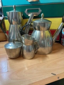 Vintage MCM Brodrene Mylius Norway Pewter Teapot, Coffee Pot, cream & Sugar - Picture 1 of 24
