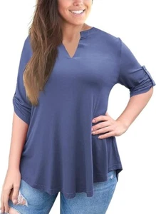 a.Jesdani Women's 3X Top 3/4 Roll Sleeve Shirts V Neck Blouses Tunic Top BLUE - Picture 1 of 7