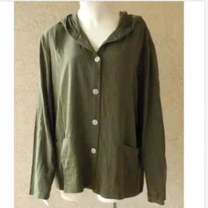 TOFY Olive Green Jacket Size 14T/LT Casual Boho Hooded Unlined Lagenlook - Picture 1 of 6