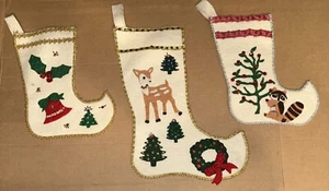 3 vintage FELT Christmas stockings homemade from kit? deer raccoon bells trees - Picture 1 of 16