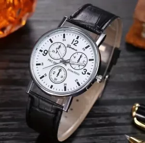 Gents Geneva Quartz watch. white Dial. Black textured leather strap. - Picture 1 of 4