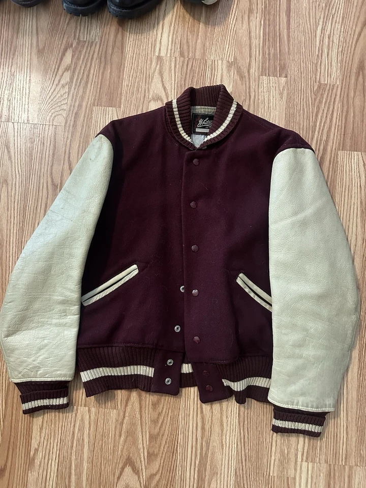Chaqueta Letterman Vintage Granate y Blanco Lana y Cuero Foto 1 de 4
