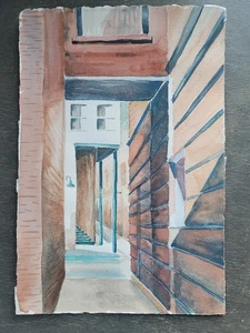 Original Aquarell Urban Alley Szene - Architekturgemälde von Ann Weigel - Bild 1 von 2