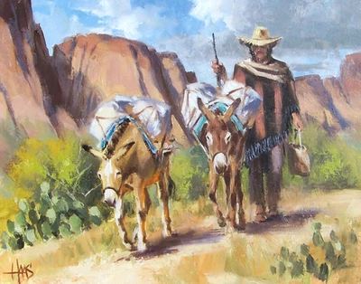 Pintura TOM HAAS 'Old Trail' óleo Arizona desierto montañas comerciante burros burro Foto 1 de 3