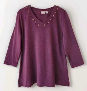 Chicos Top 3 XL 16 18 Burgundy Red Laced V Neck 3/4 Sleeve Side Slits Tunic - Picture 1 of 13