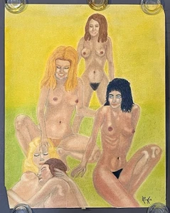 Vintage 70er Jahre David S. Rimkus "Nymphen" Erotik Akt Naive Volkskunst Zeichnung - Bild 1 von 2