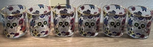 Williams Sonoma Tumbler DAY OF THE DEAD Set Of 6 Gold Rim Floral Skull Blossoms - Picture 1 of 9