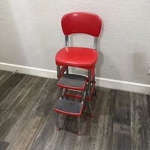Cosco Retro Counter Chair with Step Stool Sliding Red Vinyl Cushion Non Slip - Picture 1 of 14