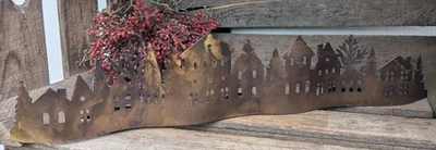 ❤️Häuserreihe Metall  Straßen - Silhouette  braun/rost   Teelichter 50 cm NEU + - Bild 1 von 4