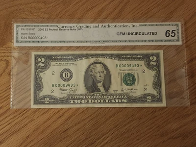 2003 $2 "STAR NOTE CGA CERTIFIED 65 B00009493* NEW YORK DISTRICT LOW SERIAL  - Image 1 of 4
