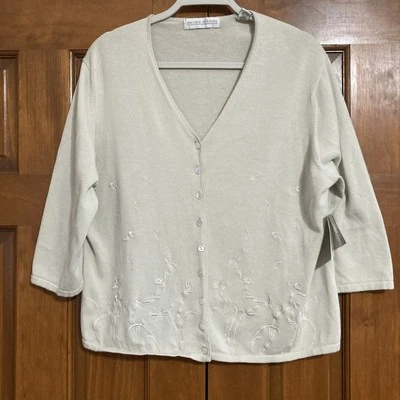 Cárdigan para mujer Valerie Stevens 100 % algodón beige bordado cuello en V XL nuevo con etiquetas Foto 1 de 4