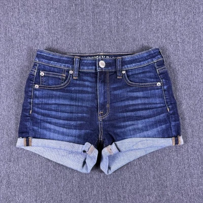 Pantalones cortos de mezclilla para mujer American Eagle súper elásticos talla 4 puño enrollado lavado oscuro Foto 1 de 4