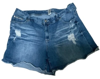 Maurice’s Woman’s Mid Rise Denim Blue Distressed Shorts Size 20 Frayed Hem - Image 1 of 4