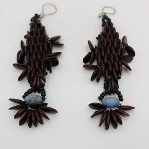 "Pendientes de semillas de koa araña colgante boho hawaiano azul cuentas de vidrio gancho romántico 3""" - Imagen 1 de 8