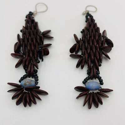 Brincos Koa Seed lustre gota boho havaiano azul contas de vidro gancho romântico 3” - Imagem 1 de 4