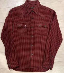 THE FLAT HEAD Heavy Flannel Western Shirt Houndtooth Red Cotton Size 36 Used - Picture 1 of 11