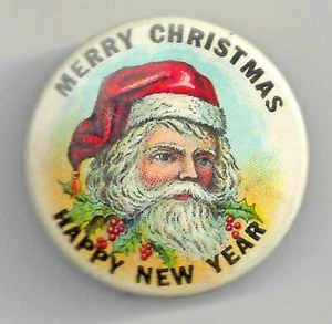 Vintage MERRY CHRISTMAS Santa Claus Pin! Holly & Berries in His Beard - Picture 1 of 2