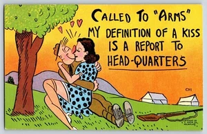 Postcard Woman on Man's Lap "Called To Arms" Comic Humor Linen - Picture 1 of 2