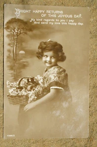 1912 Sepia-Toned Real Photo Birthday PC of Pretty Little Girl With Lilacs RPPC - Picture 1 of 2