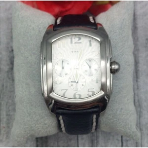 Guess Silver Steel Day Date 24 Hour Watch Black Leather Embroidered Band Square - Picture 1 of 11