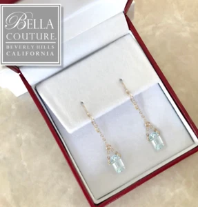 $799 NEW RARE 14K BELLA YELLOW GOLD NATURAL AQUAMARINE BAGUETTE DANGLE EARRINGS - Picture 1 of 23