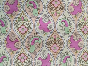 Polka Perch by Jessica Goldman-, birds with ogee, pink, yellow, orange, 25" x44" - Picture 1 of 5