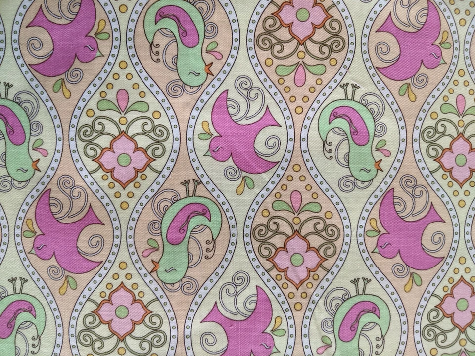 Polka Perch by Jessica Goldman-, birds with ogee, pink, yellow, orange, 25" x44" - Image 1 of 4