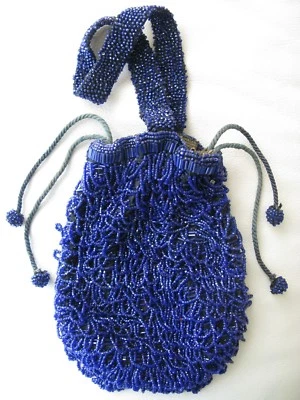 Antique Crochet Cobalt  Blue Bugle Bead Tiered Fringe Drawstring Flapper Purse - Image 1 of 4