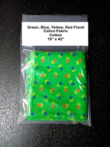 Green, Blue, Yellow, Red Floral Calico Fabric - Cotton - 19" x 42" - Picture 1 of 4