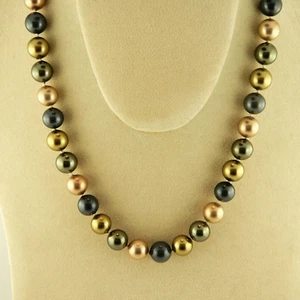 Hand Knotted 12mm round Pearl Necklace, Olive Green, Champagne & Grey - Picture 1 of 5