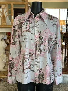 Vintage 70s Women’s Polyester French Street Dancing Scenes Long Sleeve Blouse - Picture 1 of 19