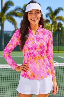 IBKUL Womens Ariel Print UPF 50 Mock Neck Long Sleeve Zip Top Size M Pink Orange - Image 1 of 4