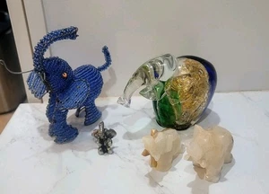 Vintage Elephants Mixed Lot Of 5 African Beaded, Agate, Art Glass, Figurines - Picture 1 of 24