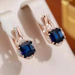 14k Rose Gold Plated 2.3Ct Princess Cut Lab-Created Sapphire Women Hoop Earrings - Picture 1 of 5