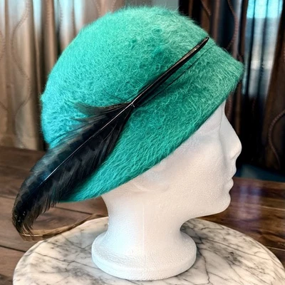 Винтажный 1950-х 50-х годов MCM сине-зеленый длинный перо матовый войлок шляпа крышка Roberta Bernays - Изображение 1 из 4