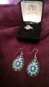 Lucky brand jewelry turquoise & silver drop earrings and size 7 ring / rinestone - Picture 1 of 4