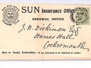 GB KEVII Cumberland *SUN FIRE OFFICE* Cover Penrith CDS 1909 Insurance YK195 - Picture 1 of 9