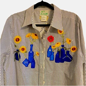 Quacker Factory Vintage blau gestreift Sonnenblume Kobalt Vase Oxford Button-Down-Hemd - Bild 1 von 12