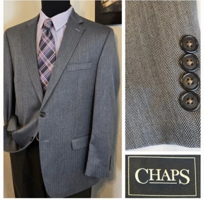 CHAPS Herringbone Blazer Sport Coat Men 44R Gray 2 Button Casual Suit Jacket - Image 1 of 4
