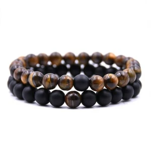 2 Bracelet HighQ Natural Tiger Eye Agate & Black Onyx Stone Yoga Beads UK Seller - Picture 1 of 8