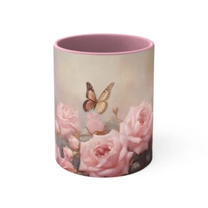 11oz Pink Roses & Golden Butterfly Mug - Vibrant Two-Tone Coffee Cup - Picture 1 of 5
