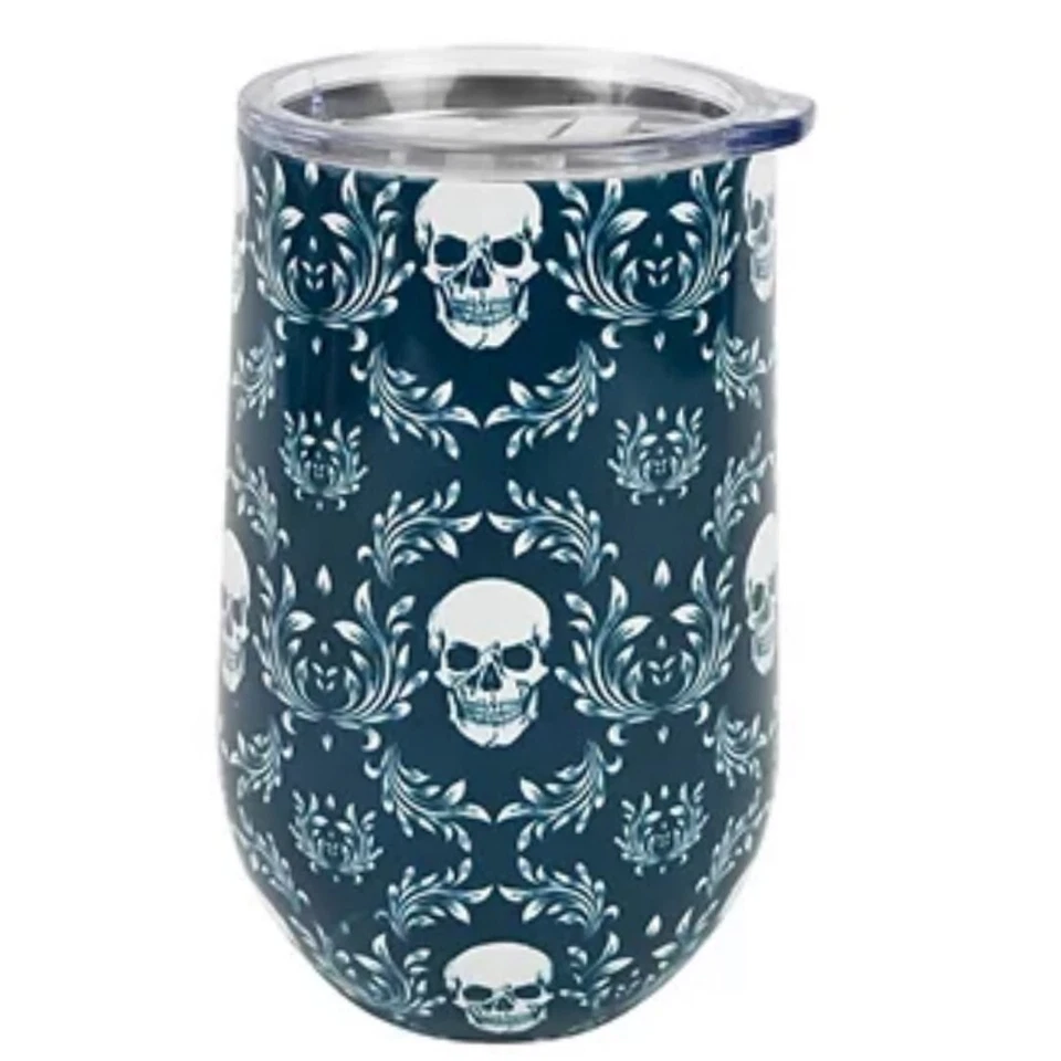 Copa vaso de vino azul y blanco calavera damasco de acero inoxidable Halloween 16 oz Foto 1 de 1