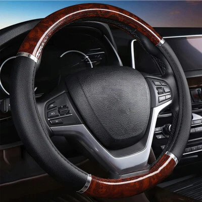 15" Universal Car Steering Wheel Cover Black PU Leather Wood Grain Accessories — 第 1/4 张图片