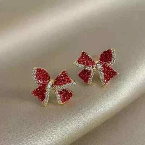 2Ct Round Lab-Created Red Ruby Bow Stud Women's Earrings 14K Yellow Gold Plated - Picture 1 of 7